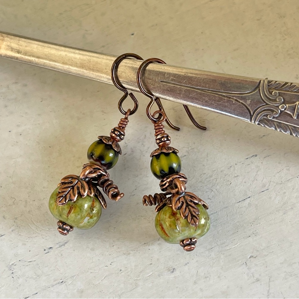 Hand Crafted “Green Jade Knight Pumpkin” Dangle Earrings - Picture 5 of 11